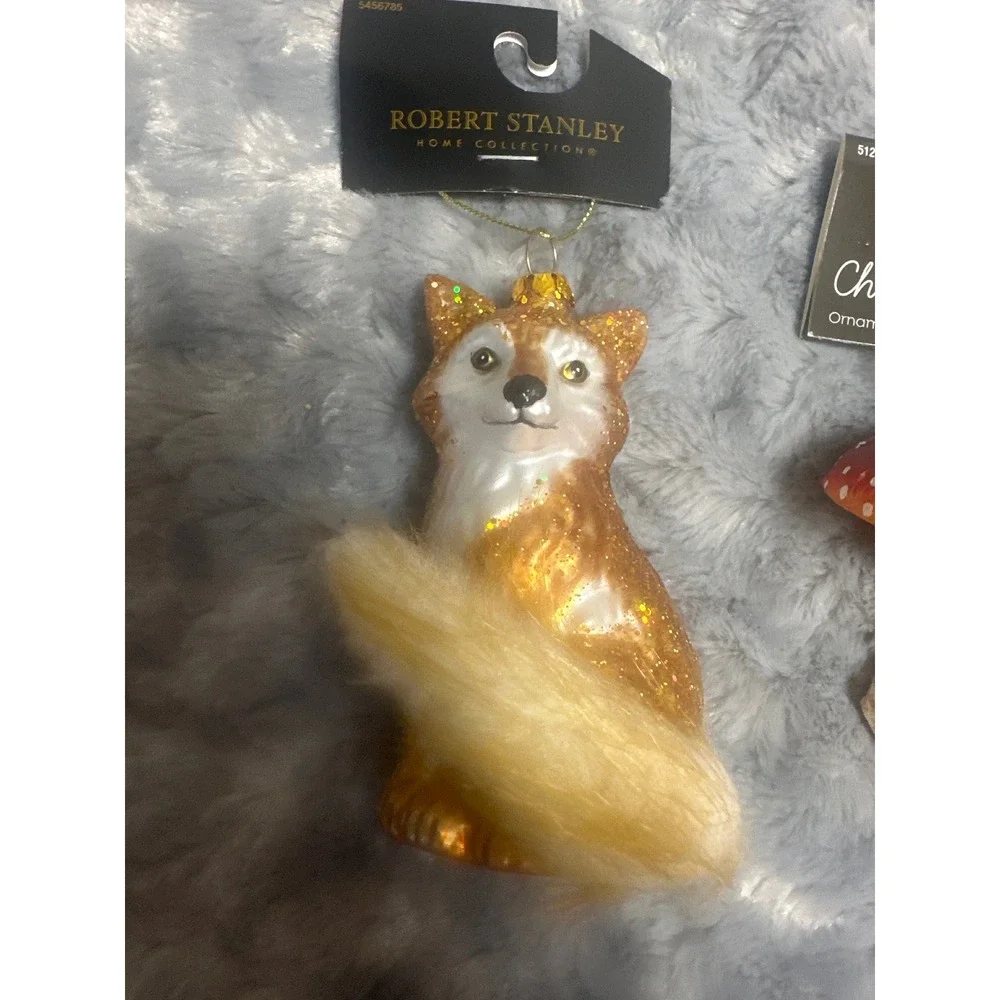 Robert Stanley Glitter Fox and The Christmas Shoppe Mushroom Ornament Set NEW